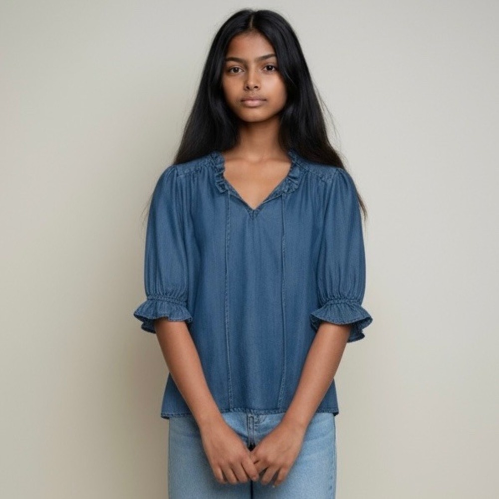 Draper James RSVP‎ Denim Chambray Ruffle V Neck 3/4 Sleeve Blouse Top S